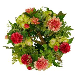 Blumenkranz Dahlia, bestehend aus nichtwelkenden Blumen, in rosa, rot und grün, Frontalansicht.