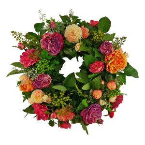 Blumenkranz Emelie, bestehend aus nichtwelkenden Blumen, in rosa, orange und grün, Frontalansicht.
