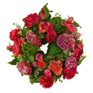 Blumenkranz Rosalie, bestehend aus nichtwelkenden Blumen, in rot und grün, Frontalansicht.