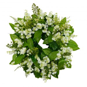 Maiglöckchenkranz, bestehend aus nichtwelkende Blumen in weiß und grün, Frontalansicht.